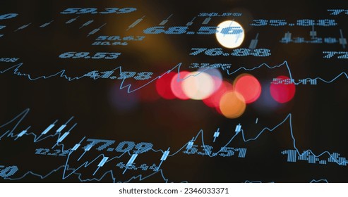 Image of financial data processing over city lights. Global business, finances, computing and data processing concept digitally generated image.