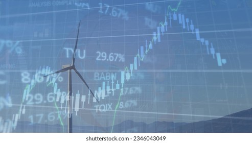 Image of financial data processing over wind turbine. Global climate change sustainability and wind energy concept digitally generated image.