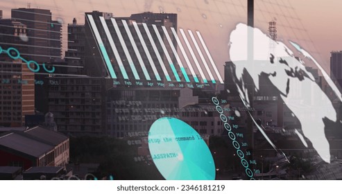 Image of financial data processing over cityscape. Global business, finances and digital interface concept digitally generated image.