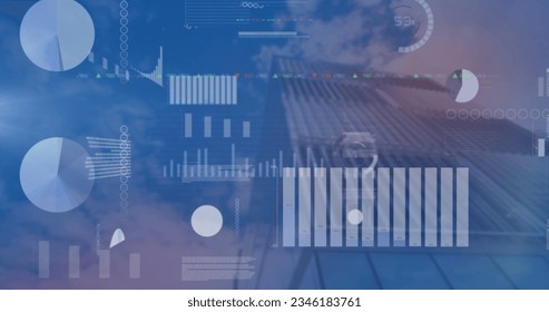 Image of financial data processing over modern office building. Global business, finances, computing and data processing concept digitally generated image.