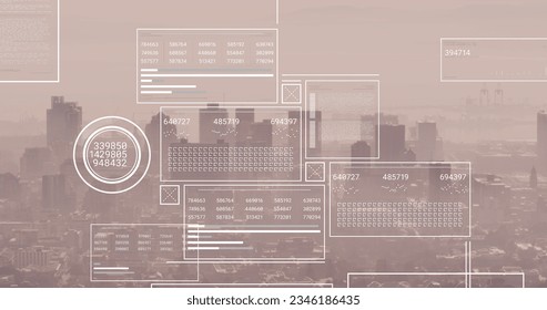 Image of financial data processing over cityscape. Global business, finance, networks, computing and data processing concept digitally generated image.