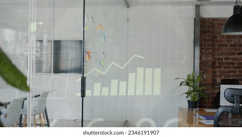 Image of financial data processing over general view of office. Business, finances and digital interface concept digitally generated image.