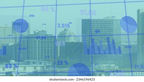 Image of financial data processing over cityscape. Global business, finances and digital interface concept digitally generated image.