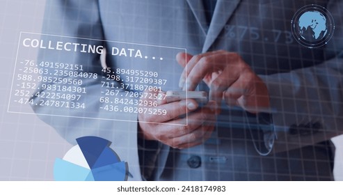 Image of financial data processing over caucasian businessman using smartphone. Global finance, business, connections, computing and data processing concept digitally generated image.