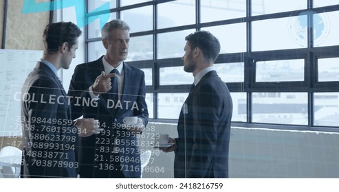 Image of financial data processing over diverse business people in office. Global finance, business, connections, computing and data processing concept digitally generated image.