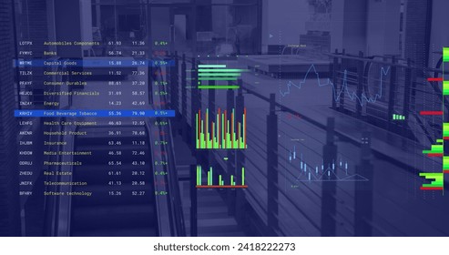Image of financial data processing over business office. Global networks, business, finances, computing and data processing concept digitally generated image.