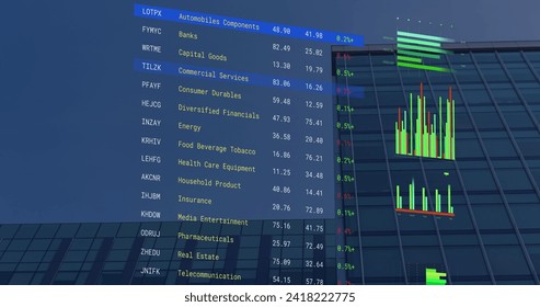 Image of financial data processing over modern building. Global networks, business, finances, computing and data processing concept digitally generated image.