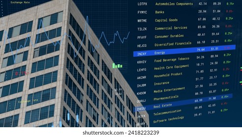 Image of financial data processing over modern building. Global networks, business, finances, computing and data processing concept digitally generated image.
