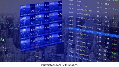 Image of financial data processing over cityscape. Global networks, business, finances, computing and data processing concept digitally generated image.