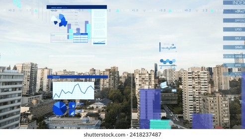 Image of financial data processing over cityscape. Global business, finances, computing and data processing concept digitally generated image.