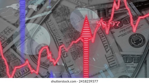 Image of financial data processing over american dollar bills. Global business, finances, computing and data processing concept digitally generated image.