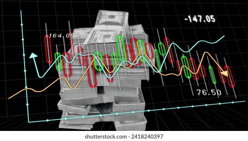 Image of financial data processing over american dollar bills. Global business, finances, computing and data processing concept digitally generated image.