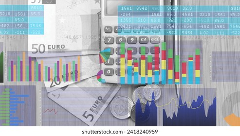Image of financial data processing over calculator, euro currency bills and coins. Global business, finances, computing and data processing concept digitally generated image.