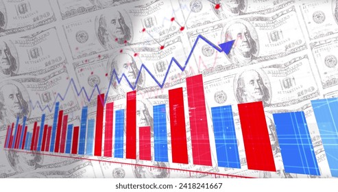 Image of financial data processing over american dollar bills. Global business, finances, computing and data processing concept digitally generated image.