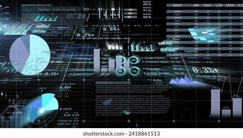 Image of financial data processing over dark background. Global business, finances, computing and data processing concept digitally generated image.