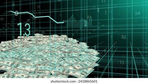 Image of financial data processing over american dollar bills. Global business, finances, computing and data processing concept digitally generated image.