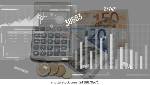 Image of financial data processing over calculator, euro currency bills and coins. Global business, finances, computing and data processing concept digitally generated image.
