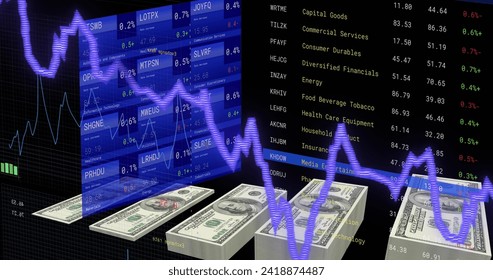 Image of financial data processing over american dollar bills. Global business, finances, computing and data processing concept digitally generated image.