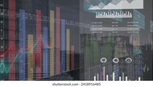 Image of financial data processing over cityscape. Global business, finances, computing and data processing concept digitally generated image.