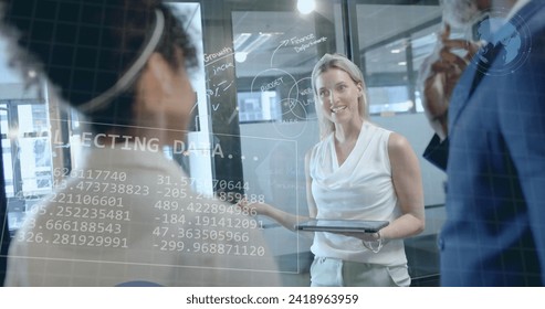Image of financial data processing over diverse business people in office. Global finance, business, connections, computing and data processing concept digitally generated image.