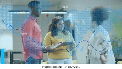 Image of financial data processing over diverse business people in office. Global finance, business, connections, computing and data processing concept digitally generated image.