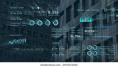 Image of financial data processing over cityscape. Global networks, business, finances, computing and data processing concept digitally generated image.
