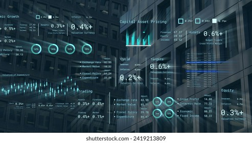 Image of financial data processing over cityscape. Global networks, business, finances, computing and data processing concept digitally generated image.