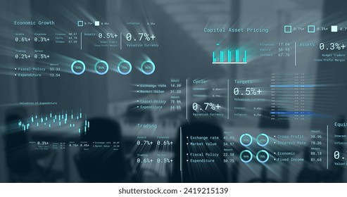 Image of financial data processing over business office. Global networks, business, finances, computing and data processing concept digitally generated image.