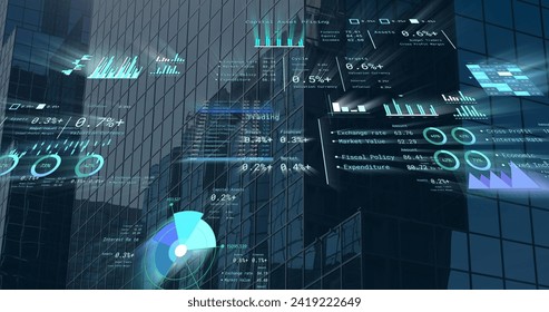 Image of financial data processing over cityscape. Global networks, business, finances, computing and data processing concept digitally generated image.