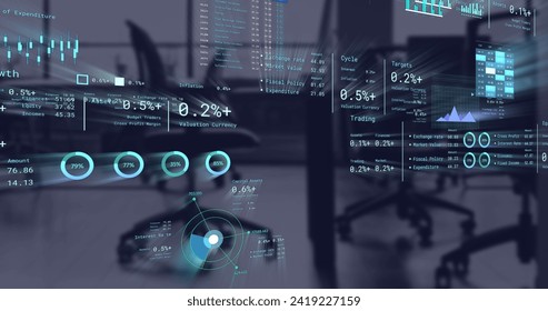 Image of financial data processing over business office. Global networks, business, finances, computing and data processing concept digitally generated image.