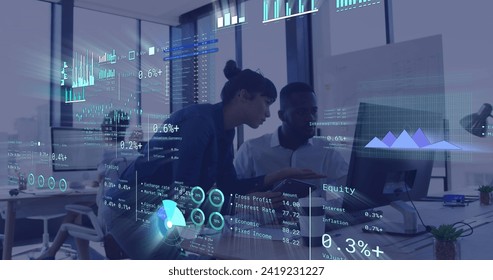 Image of financial data processing over diverse business people in office. Global networks, business, finances, computing and data processing concept digitally generated image.