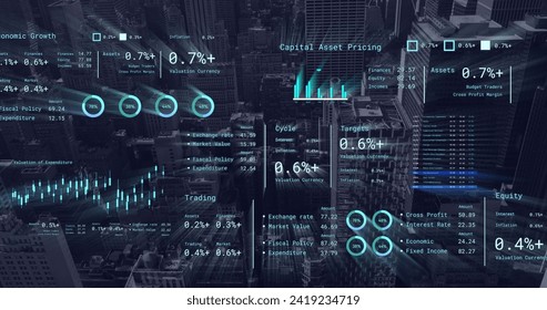 Image of financial data processing over cityscape. Global networks, business, finances, computing and data processing concept digitally generated image.