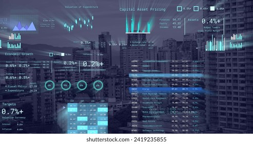 Image of financial data processing over cityscape. Global networks, business, finances, computing and data processing concept digitally generated image.