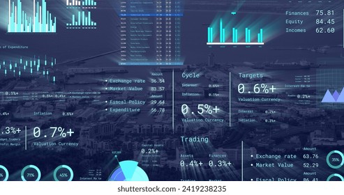Image of financial data processing over cityscape. Global networks, business, finances, computing and data processing concept digitally generated image.