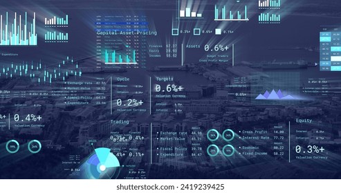 Image of financial data processing over cityscape. Global networks, business, finances, computing and data processing concept digitally generated image.