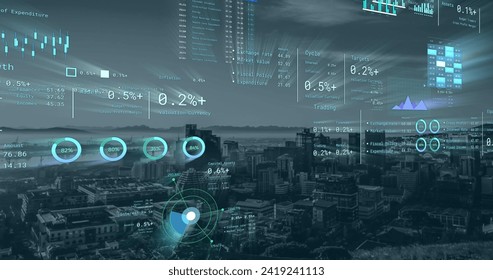 Image of financial data processing over cityscape. Global networks, business, finances, computing and data processing concept digitally generated image.