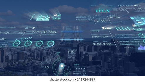 Image of financial data processing over cityscape. Global networks, business, finances, computing and data processing concept digitally generated image.