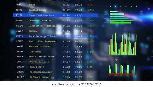 Image of financial data processing over warehouse. Global networks, business, finances, computing and data processing concept digitally generated image.