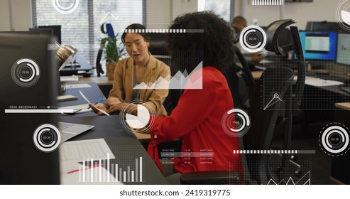 Image of financial data processing over diverse business people in office. Global networks, business, finances, computing and data processing concept digitally generated image.