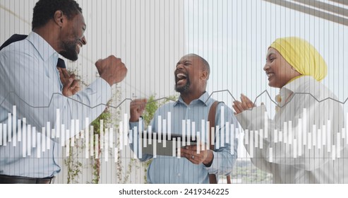 Image of financial data processing over diverse business people in office. Global networks, business, finances, computing and data processing concept digitally generated image.