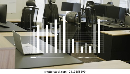 Image of financial data processing over empty office. Global networks, business, finances, computing and data processing concept digitally generated image.