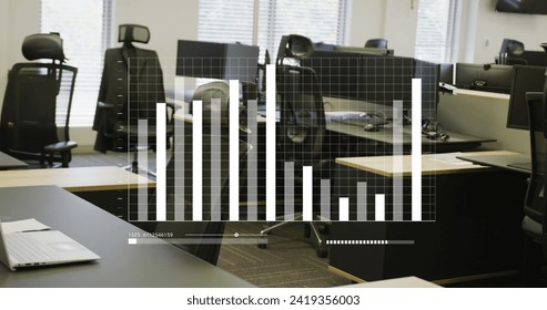 Image of financial data processing over empty office. Global networks, business, finances, computing and data processing concept digitally generated image.