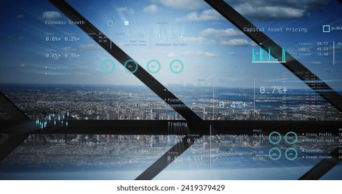 Image of financial data processing over cityscape. Global networks, business, finances, computing and data processing concept digitally generated image.