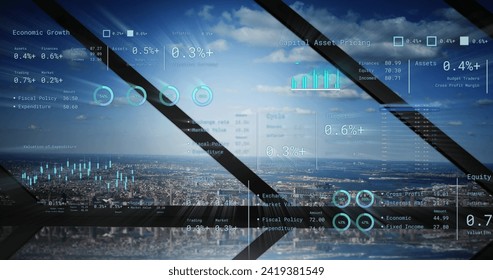 Image of financial data processing over cityscape. Global networks, business, finances, computing and data processing concept digitally generated image.