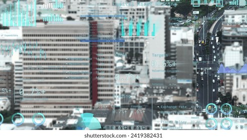 Image of financial data processing over cityscape. Global business, finances, computing and data processing concept digitally generated image.