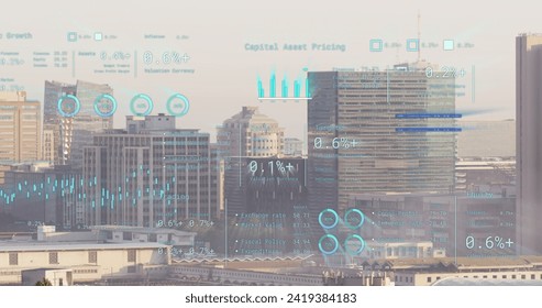 Image of financial data processing over cityscape. Global networks, business, finances, computing and data processing concept digitally generated image.