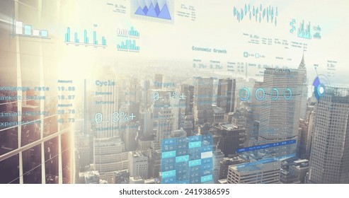 Image of financial data processing over cityscape. Global networks, business, finances, computing and data processing concept digitally generated image.