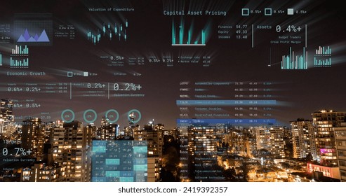 Image of financial data processing over cityscape. Global networks, business, finances, computing and data processing concept digitally generated image.