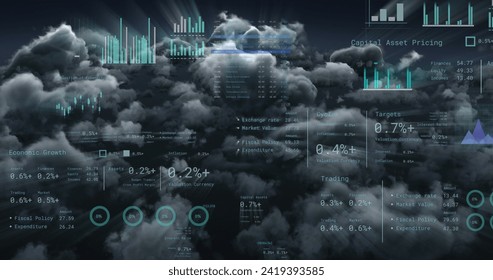 Image of financial data processing over clouds. Global networks, business, finances, computing and data processing concept digitally generated image.