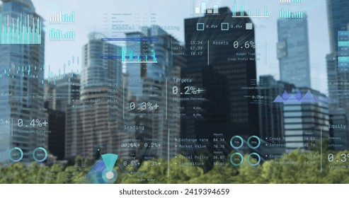 Image of financial data processing over cityscape. Global networks, business, finances, computing and data processing concept digitally generated image.